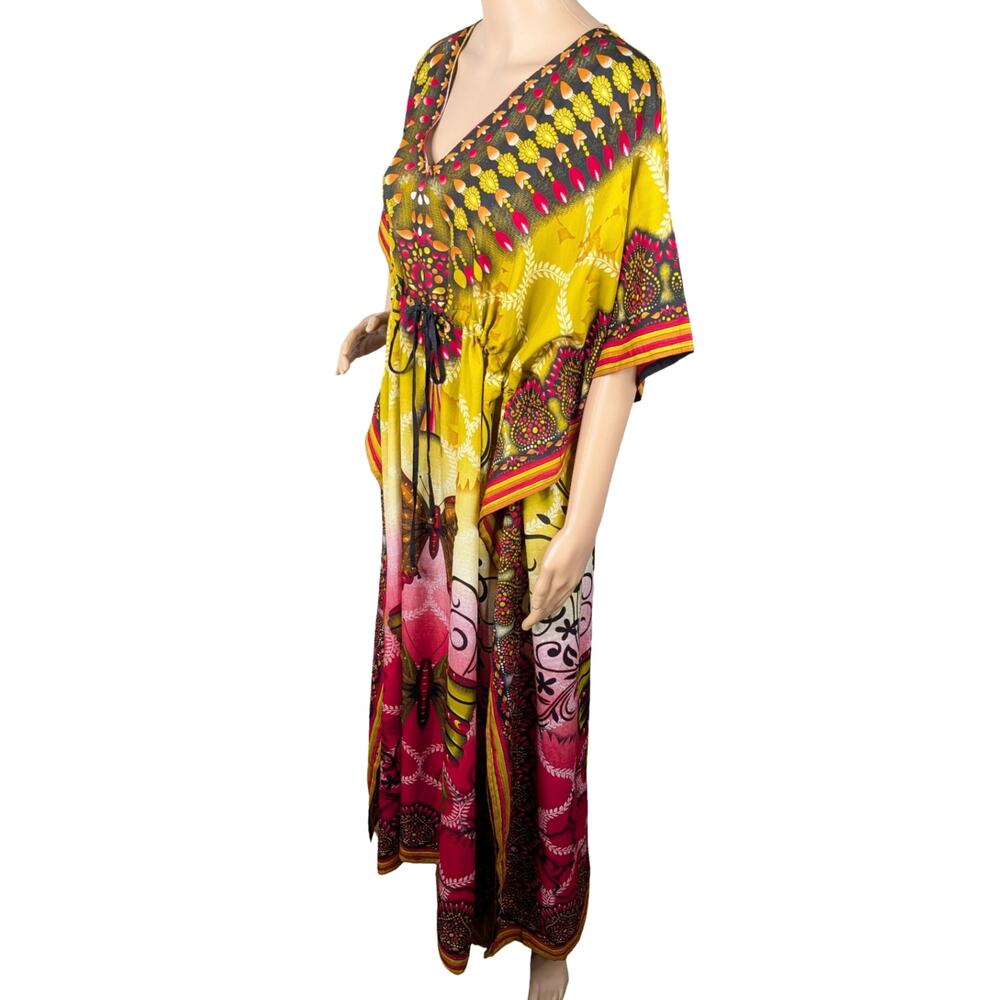 Jovie Butterfly Maxi Kaftan Dress OSFM Sunset Pink Yellow Drawstring Waist EUC - Picture 5 of 9
